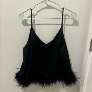 Black tank top with feather trim